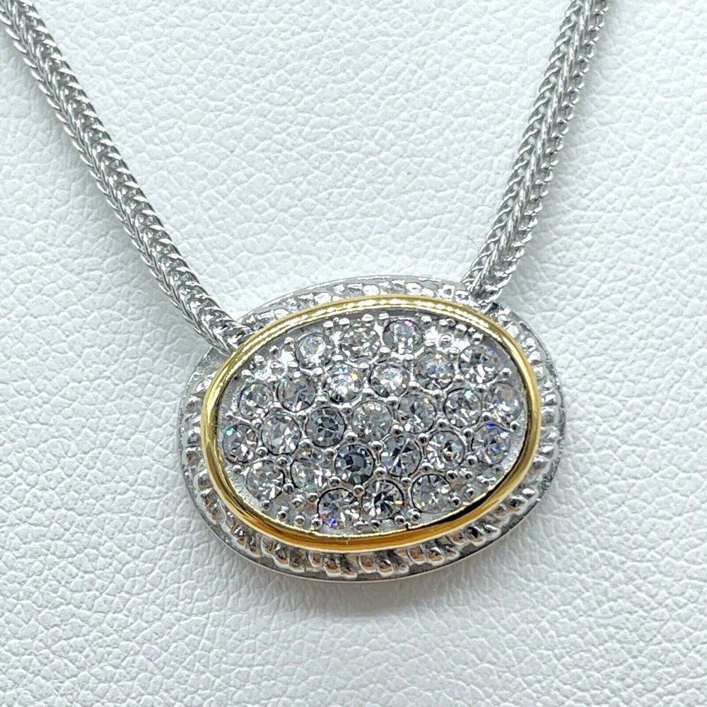 Emma Skye Pave Crystal Necklace Silver Tone Gold Tone Accent Wheat Link Chain 16 - Picture 2 of 13